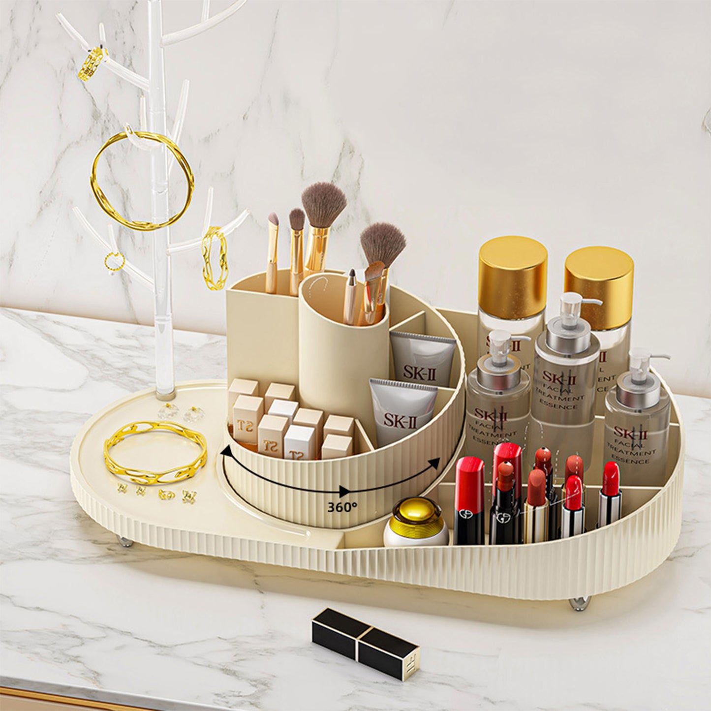 Organizador giratorio de maquillaje y joyería – gran capacidad y diseño elegante