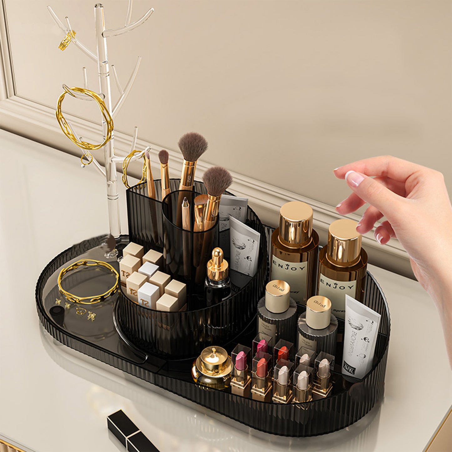 Organizador giratorio de maquillaje y joyería – gran capacidad y diseño elegante