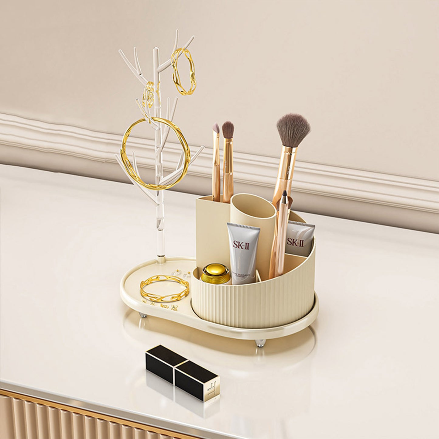 Organizador giratorio de maquillaje y joyería – gran capacidad y diseño elegante