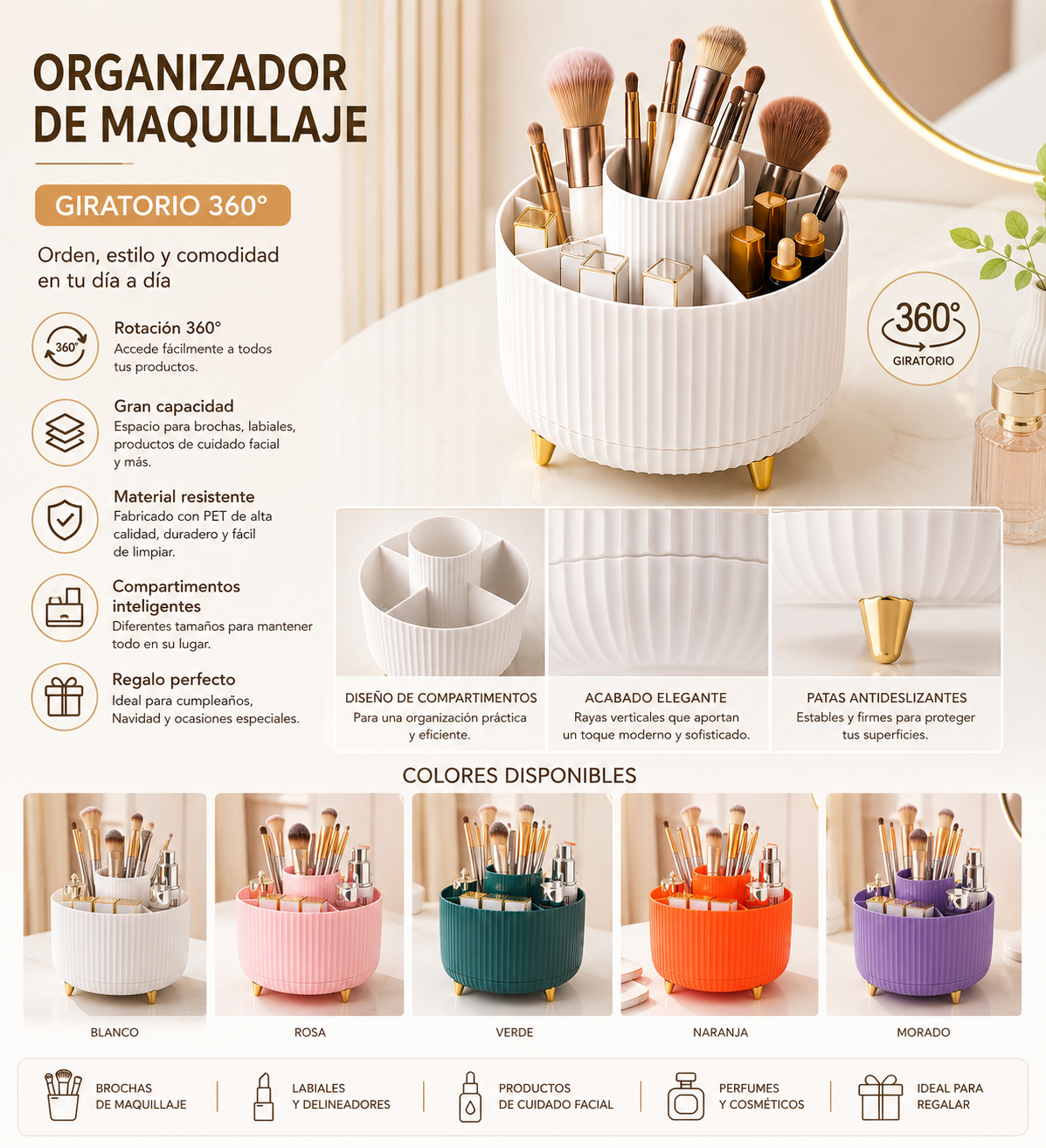 Organizador giratorio para brochas y maquillaje – almacenamiento práctico y elegante