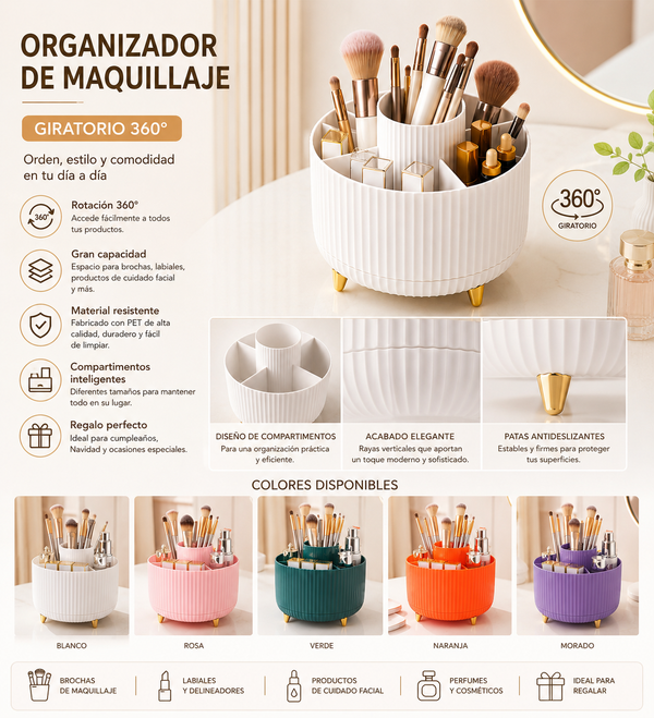 Organizador giratorio para brochas y maquillaje – almacenamiento práctico y elegante