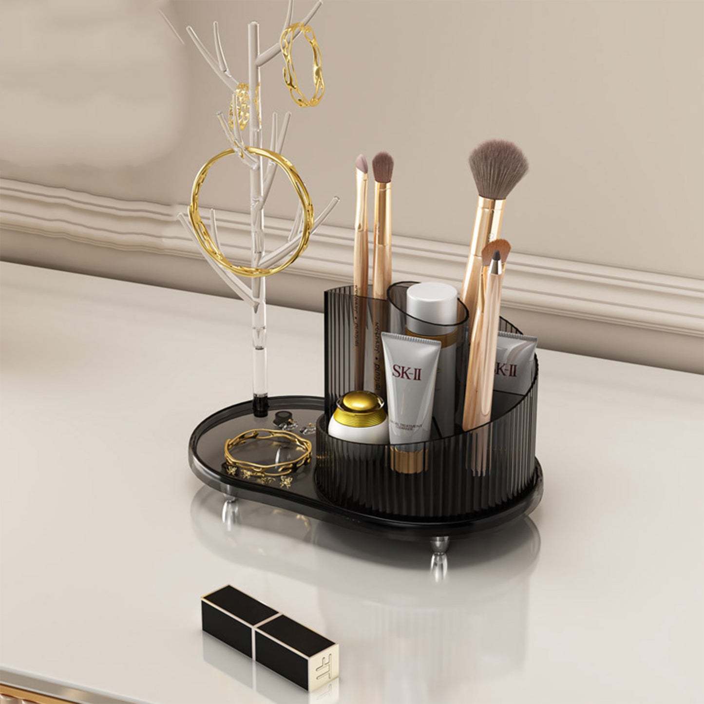 Organizador giratorio de maquillaje y joyería – gran capacidad y diseño elegante